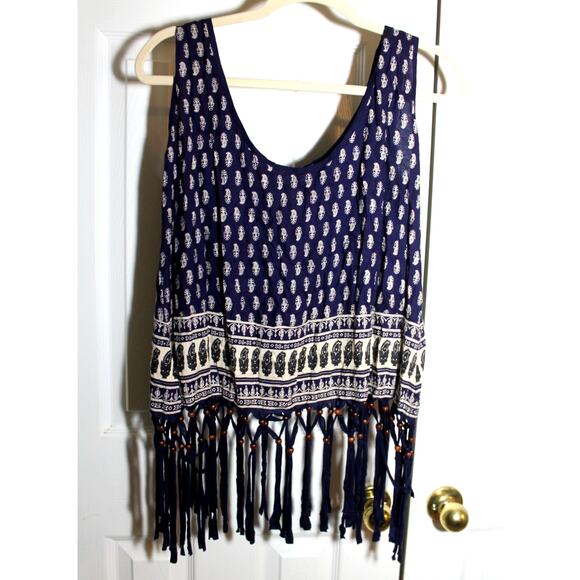 Earthbound Trading Bandana Blue Beaded Fringed Tank Top sz L NWOT - Picture 2 of 3